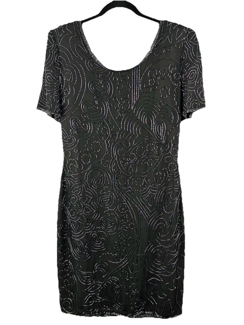 Vintage Scala Black Silk Beaded Short Sleeve Sheath Dress